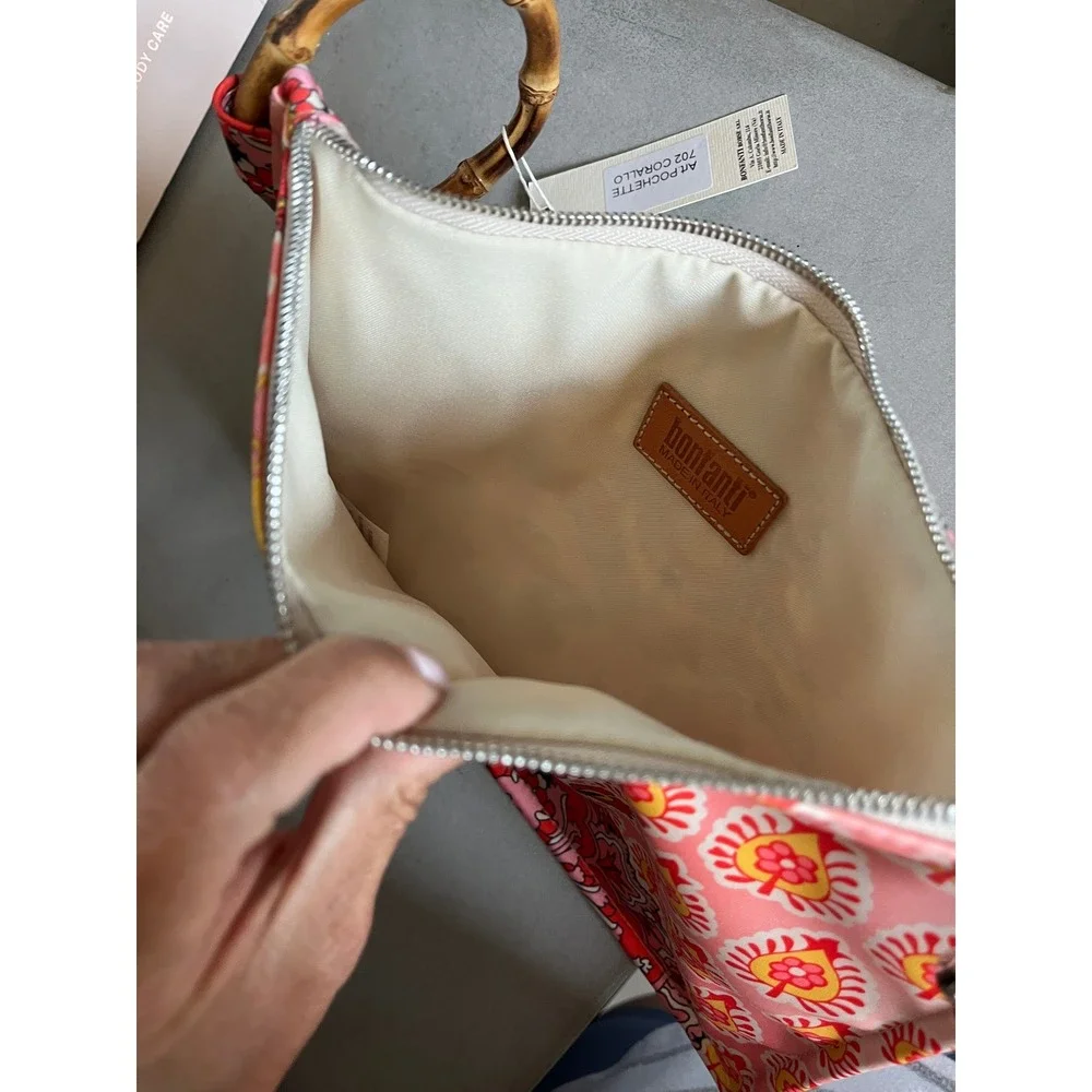 Bonfanti Pink Paisley Floral Bamboo Handle Clutch Bag Boho Summer Festival NWT